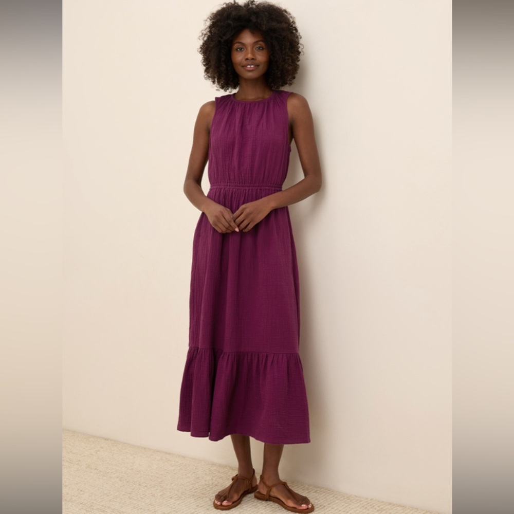 PACT Double Gauze Tiered Midi Dress Women's Sangria Sleeveless Organic Cotton m